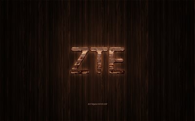 ZTEロゴ, 木製のロゴ, 木の背景, ZTE, エンブレム, ブランド, 木美術