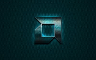 AMD glitter logotyp, kreativa, bl&#229; metall bakgrund, AMD logotyp, varum&#228;rken, AMD