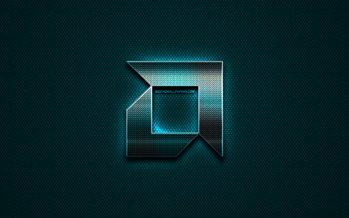 AMD logo glitter, creativo, blu, metallo, sfondo, logo AMD, marche, AMD