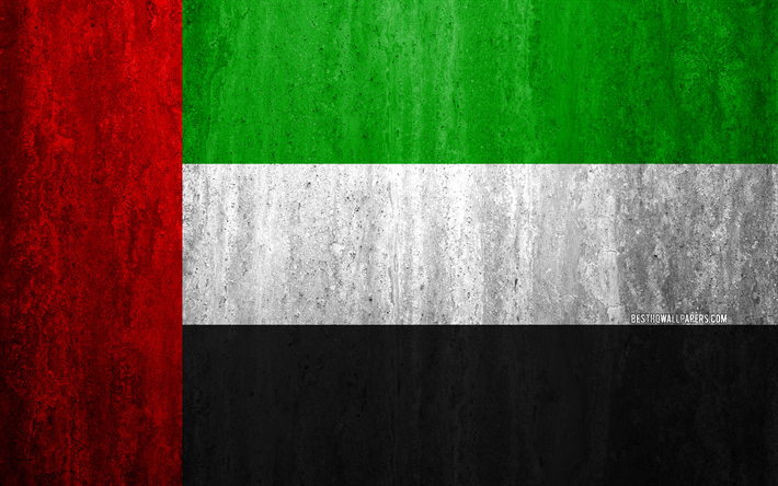 Flaggan i F&#246;renade Arabemiraten, 4k, sten bakgrund, grunge flagga, Asien, UAE flagga, grunge konst, nationella symboler, F&#246;renade Arabemiraten, sten struktur, Flagga av UAE