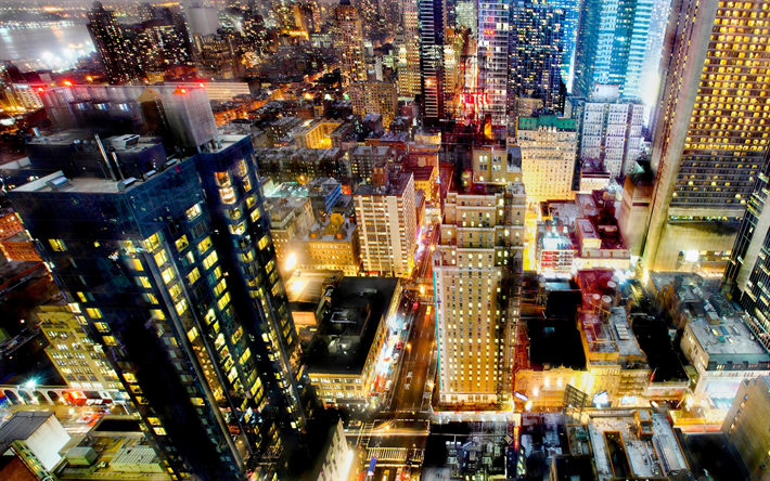 New York, natten stadsbilden, skyskrapor, stadens ljus, metropol, USA
