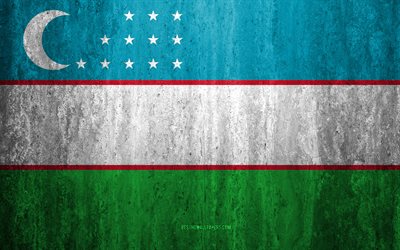 Flaggan i Uzbekistan, 4k, sten bakgrund, grunge flagga, Asien, Uzbekistan flagga, grunge konst, nationella symboler, Uzbekistan, sten struktur