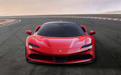 Ferrari SF90 Estrada, 2020, PHEV, Plug-in Hybrid Electric Vehicle, supercarro el&#233;trico, vista frontal, italiana de carros esportivos, Ferrari