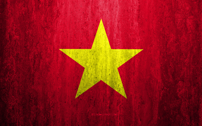 Vietnamin lippu, 4k, kivi tausta, grunge lippu, Aasiassa, grunge art, kansalliset symbolit, Vietnam, kivi rakenne