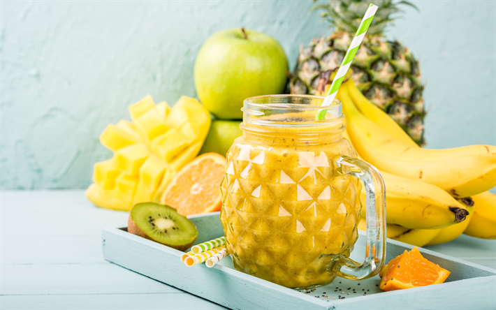 Pineapple smoothies, 4k, fruits, breakfast, smoothie in pineapples, healthy food, fruit smoothies