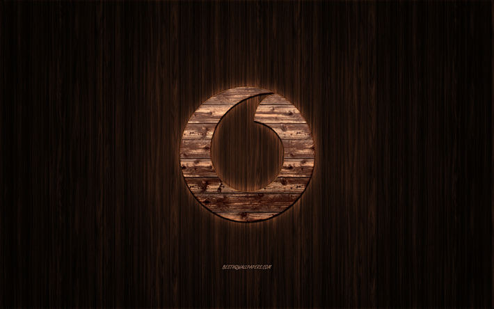 Vodafone logo, wooden logo, wooden background, Vodafone, emblem, brands, wooden art