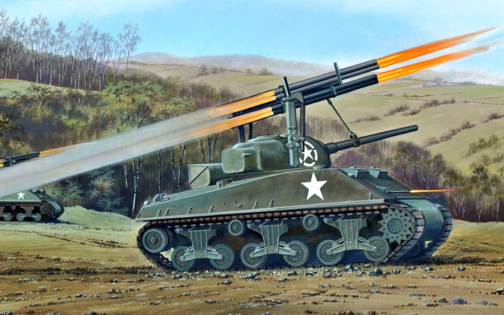 T34 Calliope, Lanzador de Cohetes T34, la II Guerra Mundial, M4 Sherman, M4A3, Ej&#233;rcito de los EEUU