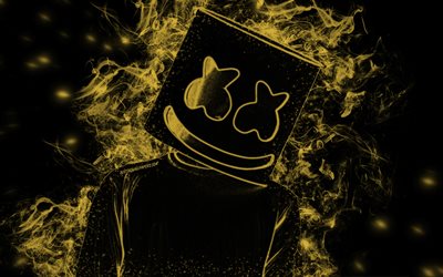 Marshmello, American DJ, golden smoke silhouette, black background, creative art