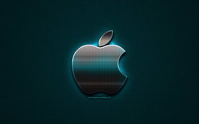 Apple glitter logotyp, kreativa, bl&#229; metall bakgrund, Apples logotyp, varum&#228;rken, Apple