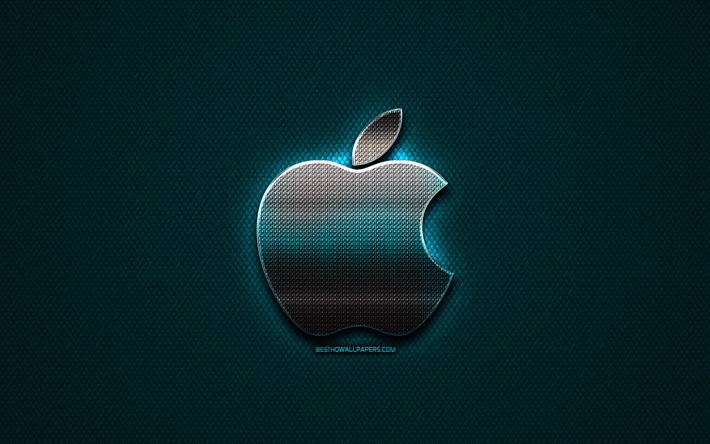 Download wallpapers Apple glitter logo, creative, blue metal background ...