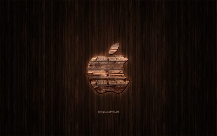 Appleのロゴ, 木製のロゴ, 木の背景, Apple, エンブレム, ブランド, 木美術