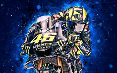 Valentino Rossi, 4k, close-up, MotoGP, 2019 bikes, raceway, Yamaha YZR-M1, Valentino Rossi on track, neon lights, racing bikes, Monster Energy Yamaha MotoGP, night, Yamaha