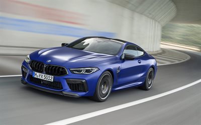 BMW M8 Rekabet, 2020, dış cephe, &#246;nden g&#246;r&#252;n&#252;m, mavi spor coupe, yeni mavi M8, Alman spor araba, BMW