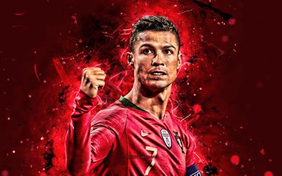 4k, Cristiano Ronaldo, 2019, Portugal Equipa Nacional, futebol, CR7, luzes de neon, close-up, alegre Cristiano Ronaldo, Equipe de futebol portugu&#234;s