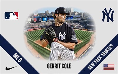 Gerrit Cole, New York Yankees, American Baseball Player, MLB, portrait, USA, baseball, Yankee Stadium, New York Yankees logo, Major League Baseball