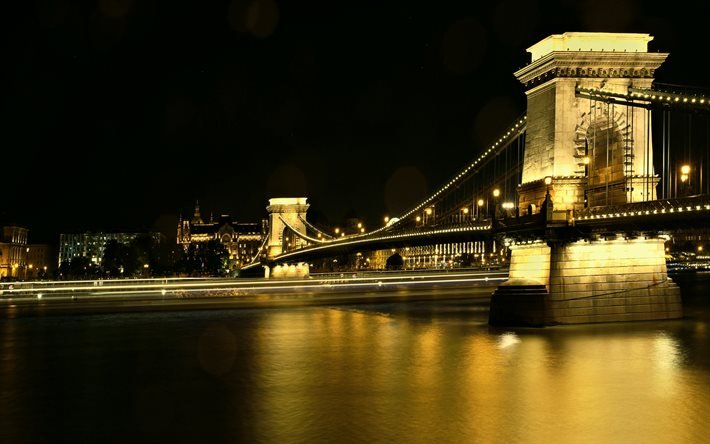 Chain Bridge, Donau, Budapest, natt, river, landm&#228;rke, Budapest stadsbilden, Ungern