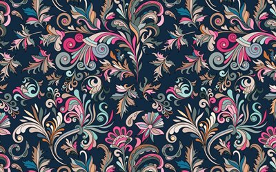 coorful花のパターン, 4k, 花のパターン, 背景の花, 概要花のパターン, カラフルな花の背景, 花織, 装飾美術