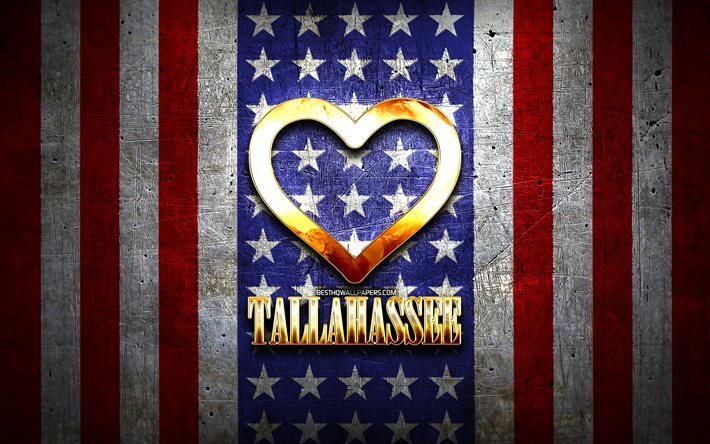 Rakastan Tallahassee, amerikan kaupungit, kultainen kirjoitus, USA, kultainen syd&#228;n, amerikan lippu, Tallahassee, suosikki kaupungeissa, Rakkaus Tallahassee