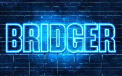 Bridger, 4k, sfondi per il desktop con i nomi, il testo orizzontale, Bridger nome, Felice Compleanno Bridger, neon blu, immagine con nome Bridger