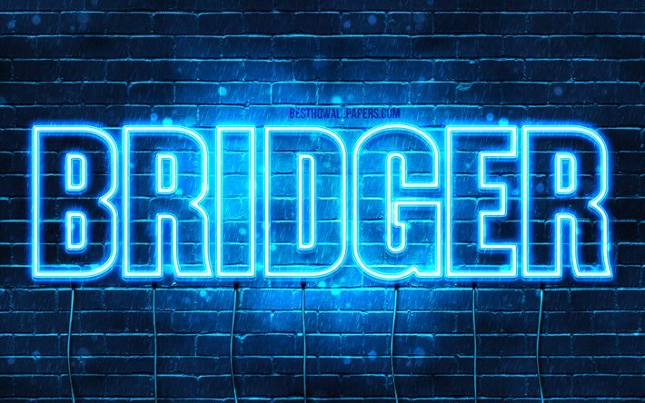 Bridger, 4k, pap&#233;is de parede com os nomes de, texto horizontal, Bridger nome, Feliz Anivers&#225;rio Bridger, luzes de neon azuis, imagem com Bridger nome