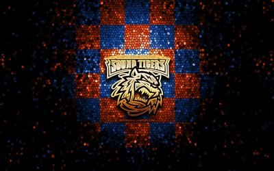 Bridgeport Sound Tigers, glitter logo, AHL, orange blue checkered background, USA, american hockey team, Bridgeport Sound Tigers logo, mosaic art, hockey, America