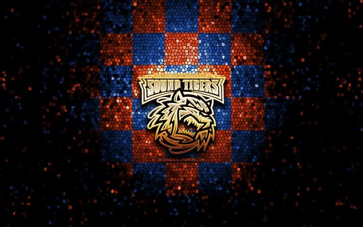 Bridgeport Sound Tigers, glitter logotyp, AHL, orange bl&#229; rutig bakgrund, USA, amerikansk ishockey, Bridgeport Sound Tigers logotyp, mosaik konst, hockey, Amerika