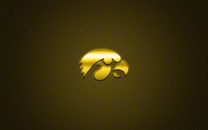 Iowa Hawkeyes logo, American football club, NCAA, yellow logo, yellow carbon fiber background, American football, Iowa City, Iowa, USA, Iowa Hawkeyes, University of Iowa