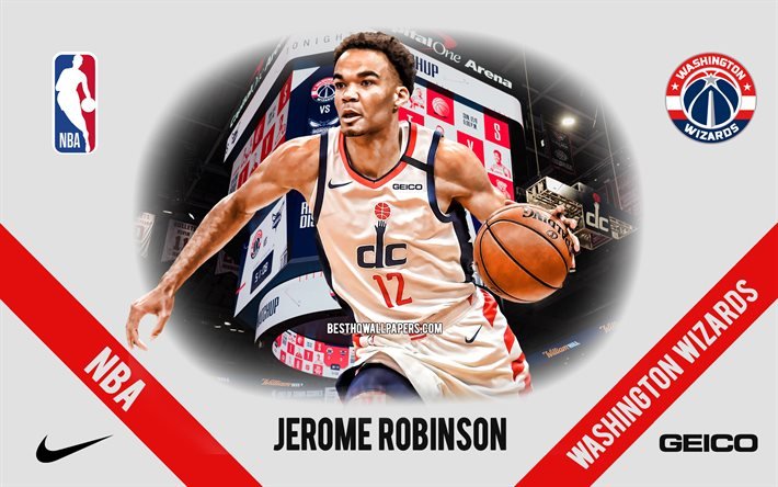 Jerome Robinson, Washington Wizards, Amerikansk Basketspelare, NBA, portr&#228;tt, USA, basket, Capital One Arena, Washington Wizards logotyp