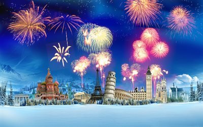 winter travel concept, 4k, fireworks, europian landmarks, creative, winte travel