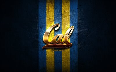 California Golden Bears, golden logo, NCAA, blue metal background, american football club, California Golden Bears logo, american football, USA