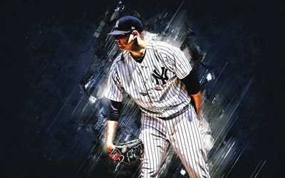 Jordan Montgomery, MLB, New York Yankees, blue stone background, baseball, portrait, USA, american baseball player, creative art