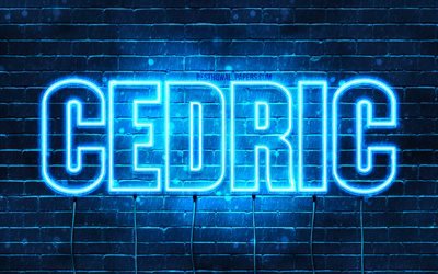 Cedric, 4k, pap&#233;is de parede com os nomes de, texto horizontal, Cedric nome, Feliz Anivers&#225;rio Cedric, luzes de neon azuis, imagem com Cedric nome