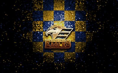 Colorado Eagles, glitter logo, AHL, blue yellow checkered background, USA, american hockey team, Colorado Eagles logo, mosaic art, hockey, America