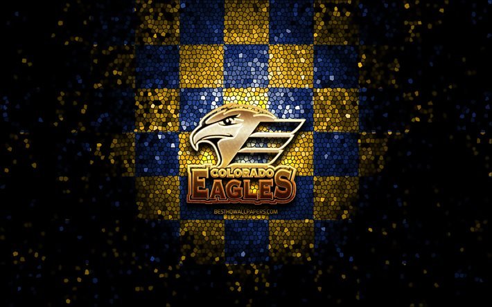 Colorado Eagles, glitter logo, AHL, blue yellow checkered background, USA, american hockey team, Colorado Eagles logo, mosaic art, hockey, America