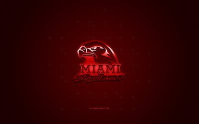 Miami RedHawks logo, club di football Americano, NCAA, logo rosso, rosso contesto in fibra di carbonio, football Americano, Oxford, Ohio, USA, Miami RedHawks