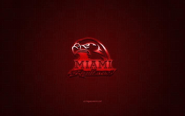 Miami logotipo RedHawks, Americano futebol clube, NCAA, logo vermelho, vermelho de fibra de carbono de fundo, Futebol americano, Oxford, Ohio, EUA, Miami RedHawks