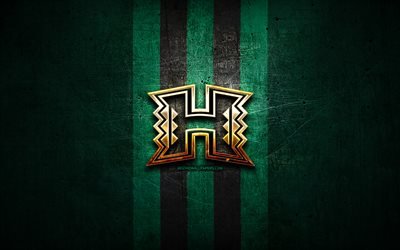 هاواي قوس قزح المحاربين, الشعار الذهبي, NCAA, الأخضر خلفية معدنية, الأمريكي لكرة القدم, هاواي قوس قزح المحاربين شعار, كرة القدم الأمريكية, الولايات المتحدة الأمريكية