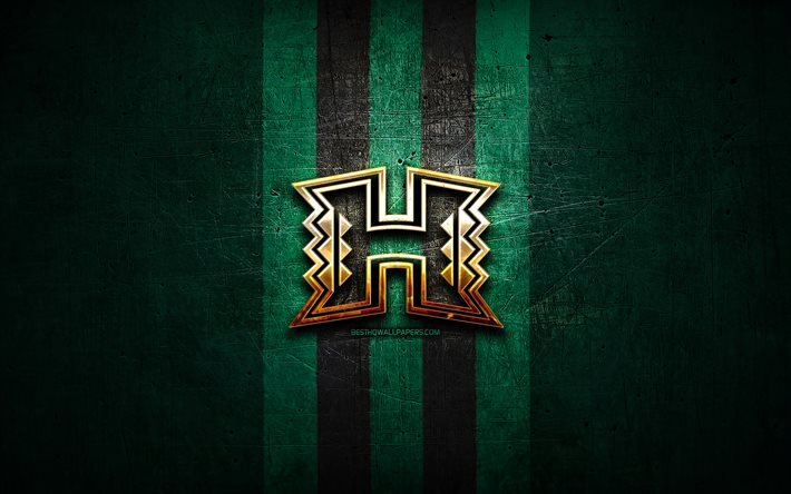 Hawaii Rainbow Warriors, golden logo, NCAA, green metal background, american football club, Hawaii Rainbow Warriors logo, american football, USA