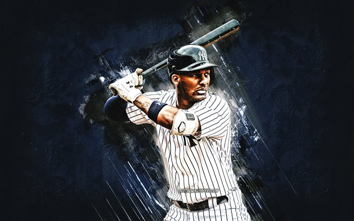 Miguel Andujar, MLB, New York Yankees, blue stone background, baseball, portrait, USA, Dominican baseball player, creative art