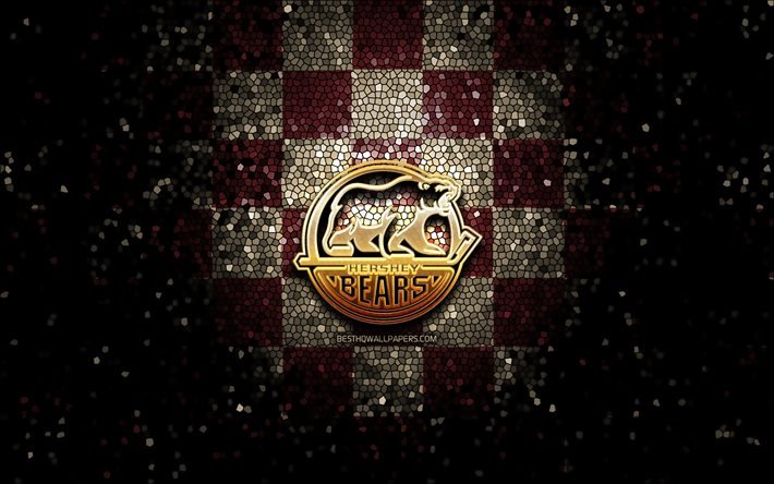 Hershey Ursos, glitter logotipo, AHL, roxo cinza de fundo quadriculado, EUA, americana time de h&#243;quei, Hershey Ursos logotipo, arte em mosaico, h&#243;quei, Am&#233;rica