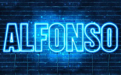 Alfonso, 4k, wallpapers with names, horizontal text, Alfonso name, Happy Birthday Alfonso, blue neon lights, picture with Alfonso name