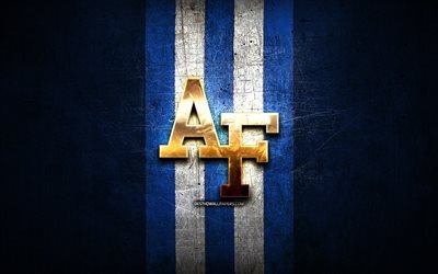 Air Force Falcons, golden logo, NCAA, blue metal background, american football club, Air Force Falcons logo, american football, USA