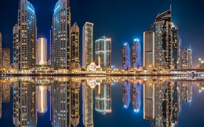 ドバイ, UAE, 夜, 高層ビル群, 近代ビル, 湾, 美しい建物, アラブ首長国連邦