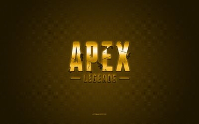 apex legends-logo, gelb gl&#228;nzendes logo, apex legends-metallemblem, gelbe kohlefaserstruktur, apex legends, marken, kreative kunst, apex legends-emblem