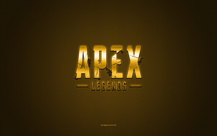 logo apex legends, logo jaune brillant, embl&#232;me en m&#233;tal apex legends, texture en fibre de carbone jaune, apex legends, marques, art cr&#233;atif, embl&#232;me apex legends