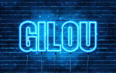 Happy Birthday Gilou, 4k, blue neon lights, Gilou name, creative, Gilou Happy Birthday, Gilou Birthday, popular french male names, picture with Gilou name, Gilou