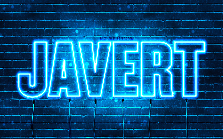 feliz cumplea&#241;os javert, 4k, luces de ne&#243;n azules, nombre javert, creativo, cumplea&#241;os javert, nombres masculinos franceses populares, imagen con el nombre javert, javert