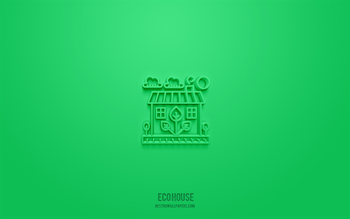 ايكو البيت 3d icon, خلفية خضراء, رموز ثلاثية الأبعاد, ايكو هاوس, أيقونات البيئة, أيقونات ثلاثية الأبعاد, علامة ايكو البيت, علم البيئة 3d الرموز