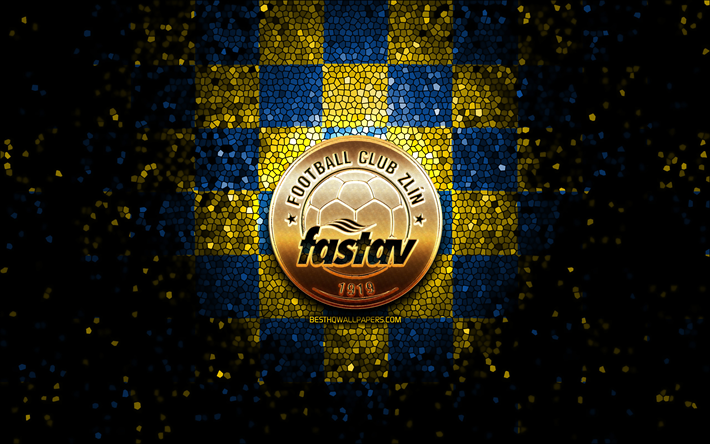Fastav Zlin FC, glitter logo, Czech First League, yellow blue checkered background, soccer, Czech football club, Fastav Zlin logo, mosaic art, football, FC Fastav Zlin