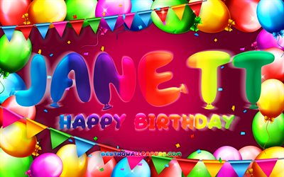 Happy Birthday Janett, 4k, colorful balloon frame, Janett name, purple background, Janett Happy Birthday, Janett Birthday, popular mexican female names, Birthday concept, Janett